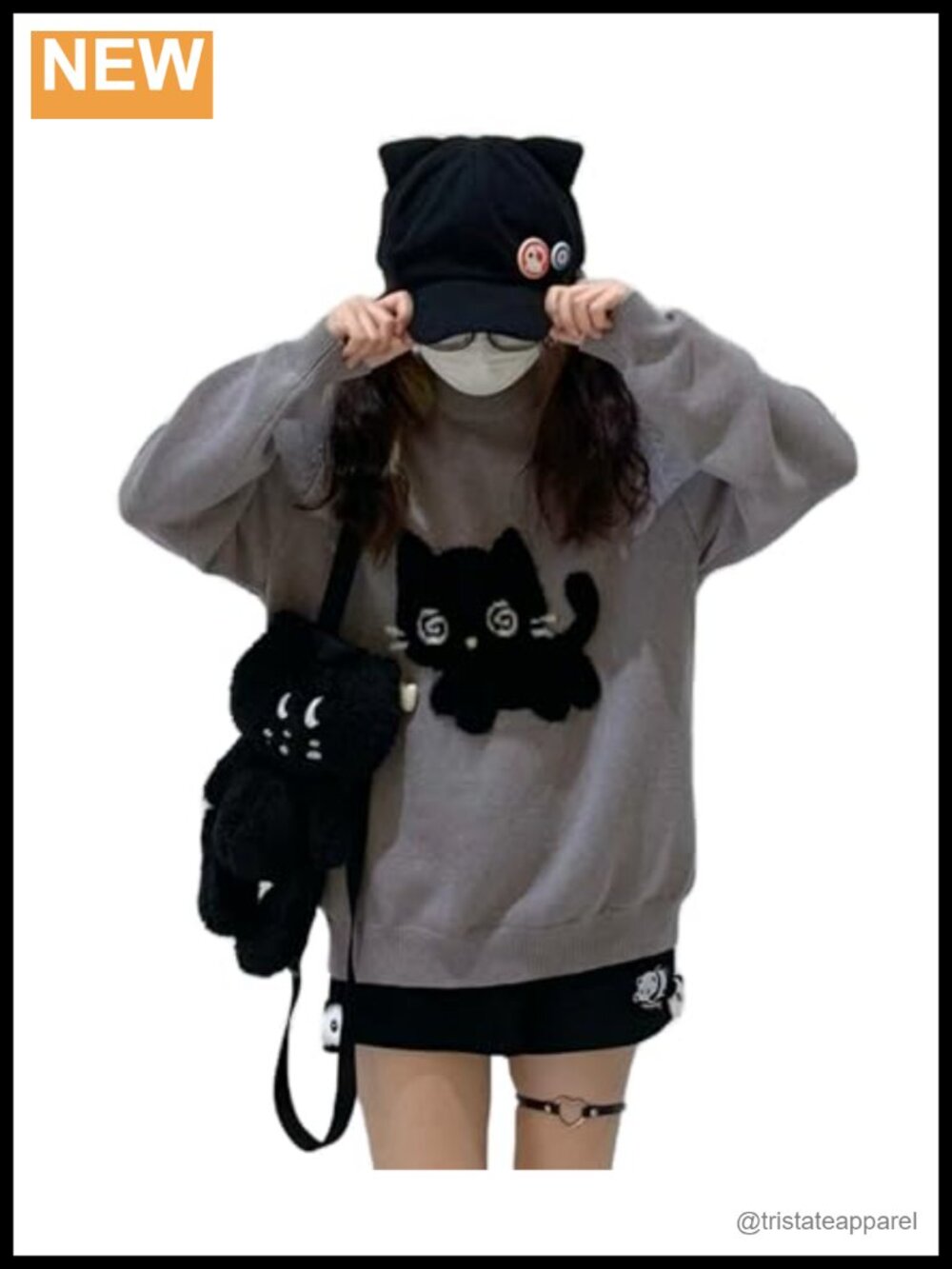 Kawaii Cat Print Knit Pullover Oversize Y2K Sweater Women Long Sleeve Crew Neck